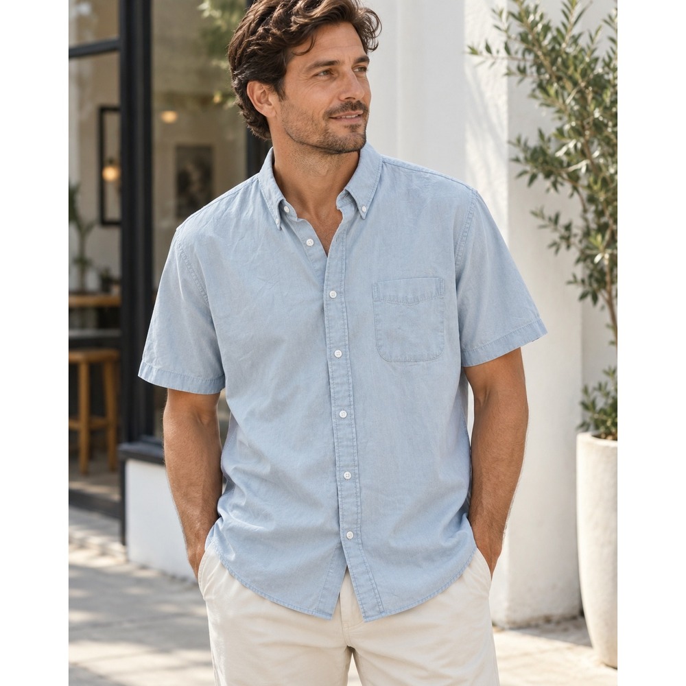 NWT Quince Organic Cotton Chambray Short Sleeve Button Down Shirt Light Blue XL